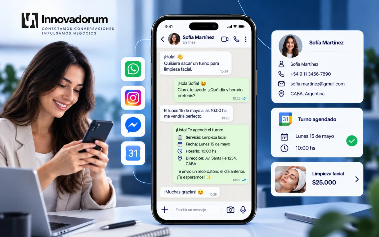 Un turno agendándose solo desde WhatsApp: el asistente propone día y horario, el cliente elige, y el turno queda escrito en el calendario con el servicio, la fecha y los datos de la persona.